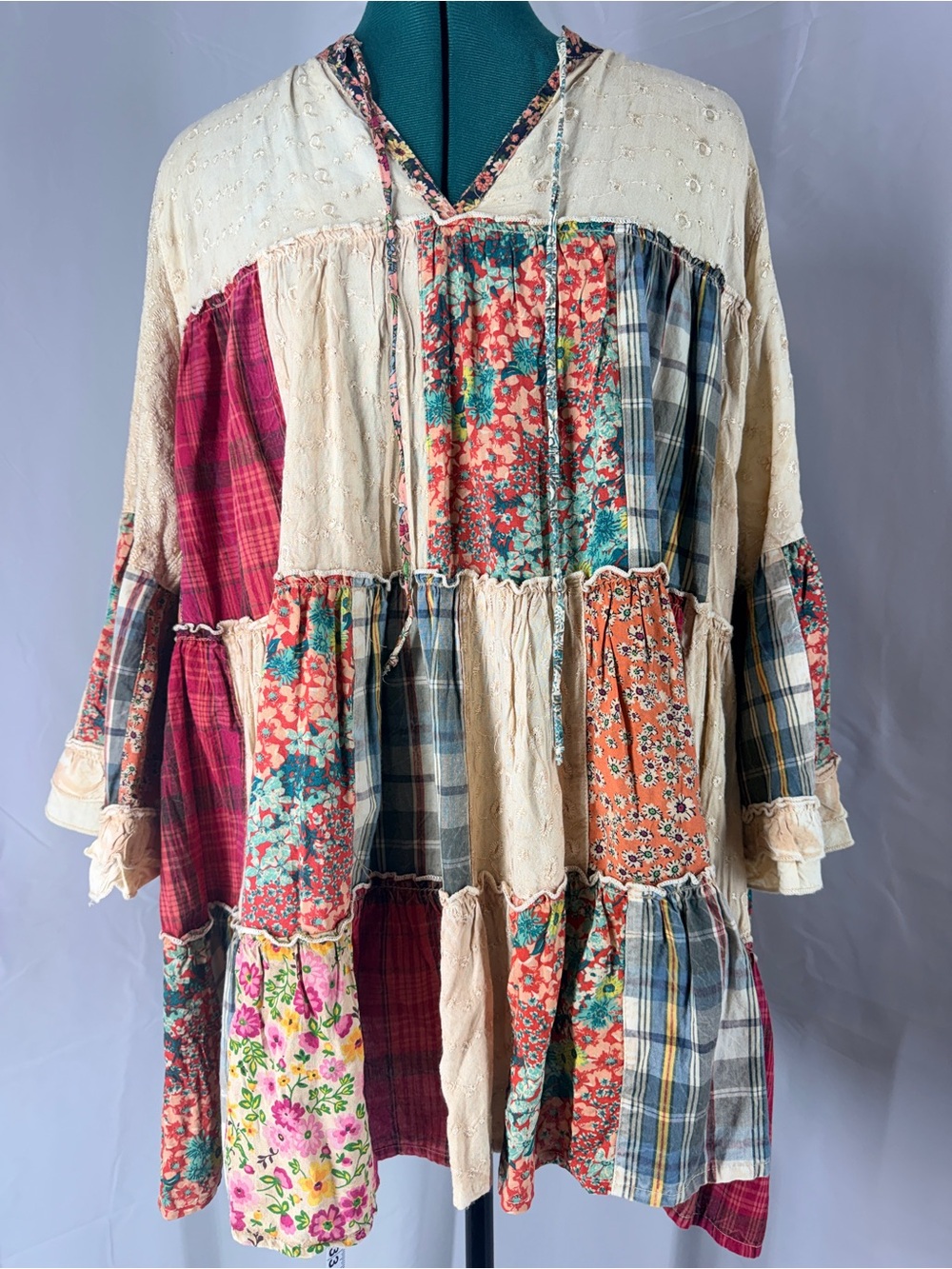 Boho Tiered Patchwork Cape Coat - Cream & Multi Floral